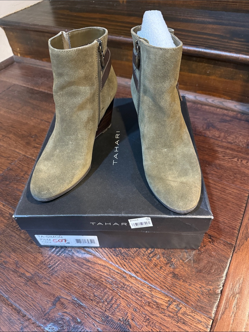 Tahari Olive Green Suede Ankle Booties with Side Zip